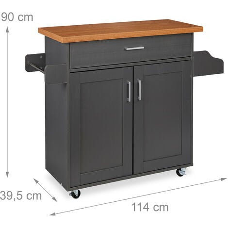 Relaxdays Carrello da Cucina con Cassetti, Piano di Lavoro, 2 Scomparti, Porta Spezie & Asciugamani, Grigio/Naturale