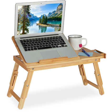 Relaxdays Tavolino da Letto Porta Pc in Bambù, Vassoio Laptop Regolabile,  Pieghevole, Ventilazione e Cassetto, Naturale