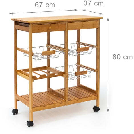 Relaxdays Carrello Cucina JAMES XXL, in Bambù, HBT 80 x 67 x 37 cm, Mobile con Rotelle, Ripiani, Cestini, Legno naturale