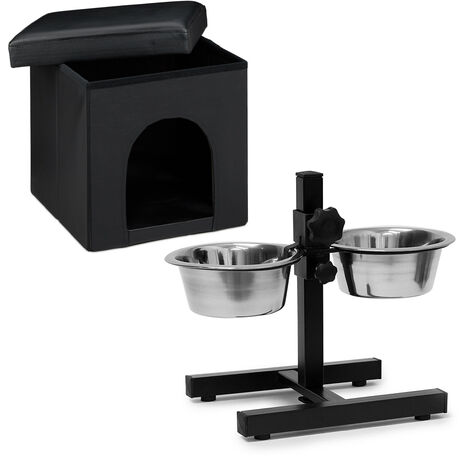 Set 2 Accessori Home Sweet Deluxe M Cuccia e Mangiatoia Doppia per Cani  Sgabello con Apertura, Ciotole Rialzate, Nero