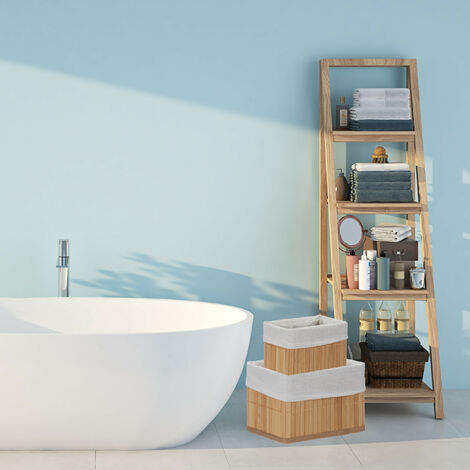 Set 4 Ceste Portaoggetti In Bambù Rettangolari 20x31x31 Cm – Fodera In Tessuto Lavabile, Per Bagno E Cameretta