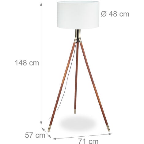 Relaxdays Lampada da Terra, Salotto, 3 Gambe in Legno, Rifiniture in Ottone,  Paralume Ø 48 cm