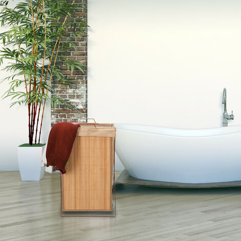 Relaxdays Cesto Portabiancheria Bambù, Pieghevole, con Manici e Coperchio, Sacco Interno, 70 L, Hx: 63x36 cm, Marrone