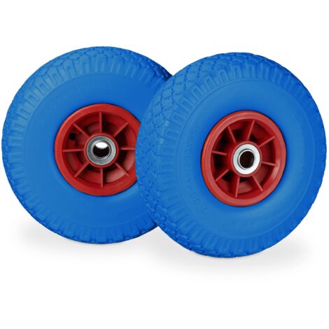 Relaxdays Ruota per carrello a mano, 2 ruote in gomma per carriola, 3,00-4 «D, per asse da 20 mm, blu-rosso
