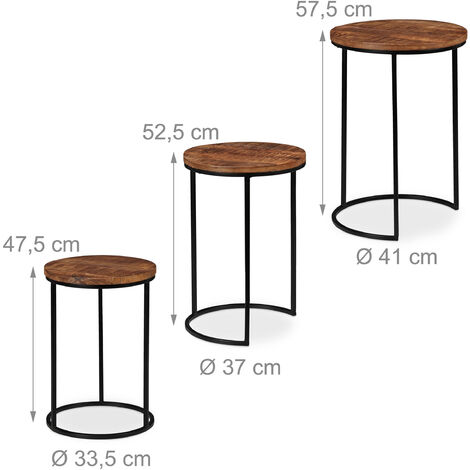 Relaxdays Tavolino da Salotto, Set da 3, Ripiano Rotondo in Legno di Mango,  Telaio in Metallo