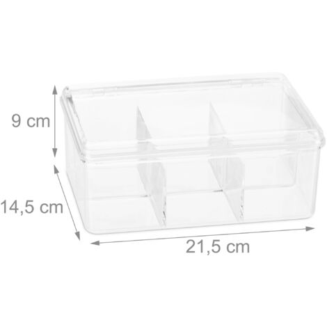 Relaxdays Scatola Porta Tè Con 6 Scomparti – Contenitore Per 90 Bustine, Con Coperchio, Trasparente, 9x21,5x14,5 Cm