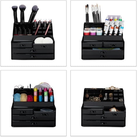 2x Organizer Make-up, Contenitore con Porta-Rossetti e 4 Cassetti,  Acrilico, Nero