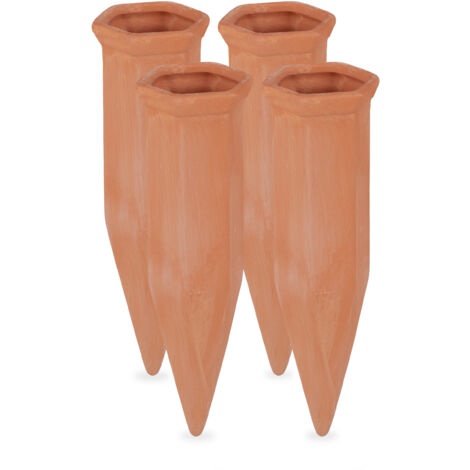 Relaxdays Set 4 Coni Irrigatori per Piante, Irrigazione a Goccia, Bottiglia Innaffiatoio 1,5 L, 17x5,5x5 cm, Terracotta