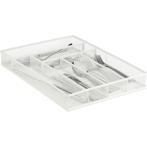 Relaxdays Portaposate da Cassetto, Metallo, Organizer per la Cucina, 6  Scomparto, Divisori, HxLxP 5,5x29x41 cm, Bianco