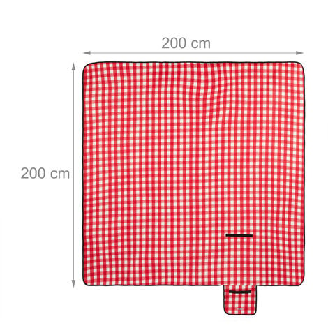 Relaxdays Coperta da Picnic XXL, Telo 200x200 cm, Plaid Impermeabile,  Isolante, Spiaggia, Manico, a Quadri, Rosso/bianco