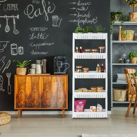 Relaxdays Mobile Salvaspazio, 5 Ripiani, Scaffale Stretto per Bagno & Cucina, Carrello Portaoggetti in Plastica, Bianco