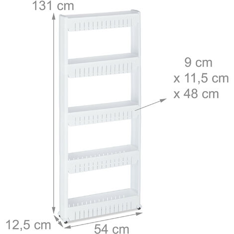 Relaxdays Mobile Salvaspazio, 5 Ripiani, Scaffale Stretto per Bagno & Cucina, Carrello Portaoggetti in Plastica, Bianco