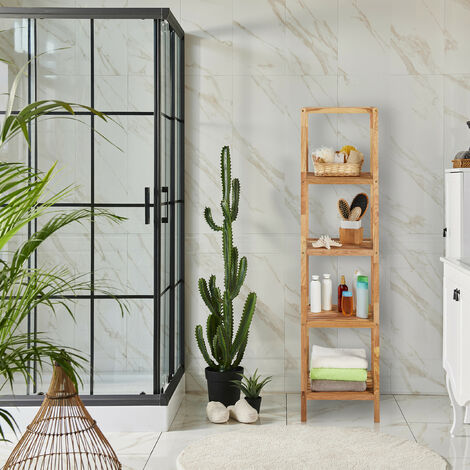 Relaxdays Scaffale Stretto Da Bagno E Cucina, 83x27x26 Cm, Colonna A 3 Ripiani In Bambù E Rattan, Salvaspazio, Naturale