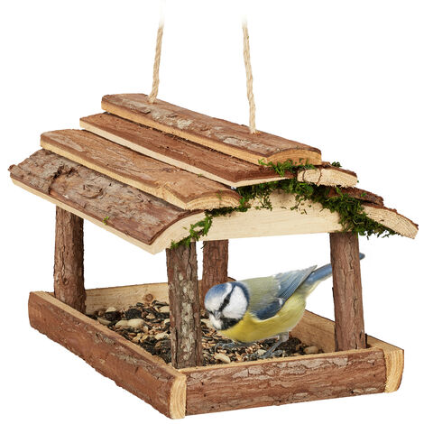 Relaxdays Mangiatoia per Uccelli Decorativa, Muschio e Corteccia, HLP  19x21x23 cm, Appendere, Giardino e Balcone, Natura