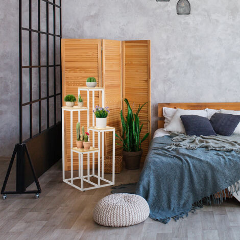 Relaxdays Scaffale Portavasi 4 Ripiani &ndash; Mobile Fiori In Metallo E MDF, 93x42,5x22,5 Cm, Bianco E Legno