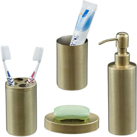 Relaxdays Set Bagno Completo, 4 Accessori, Kit WC Acciaio Inox Spazzolato,  Portaspazzolino, Sapone e Saponetta, Dorato