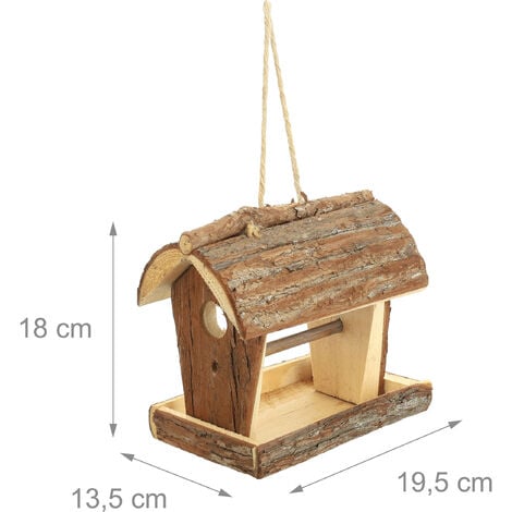 Relaxdays Mangiatoia per Uccelli Decorativa, Legno e Corteccia,  HLP17x14,5x11,5cm, Appendere, Giardino e Balcone, Natura