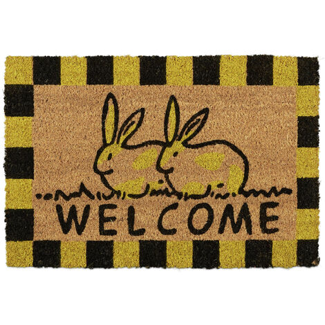 Relaxdays Zerbino con Conigli, Scritta Welcome, Fibra Cocco,  Indoor&Outdoor, 40x60cm, Antiscivolo, Naturale/Nero/Giallo