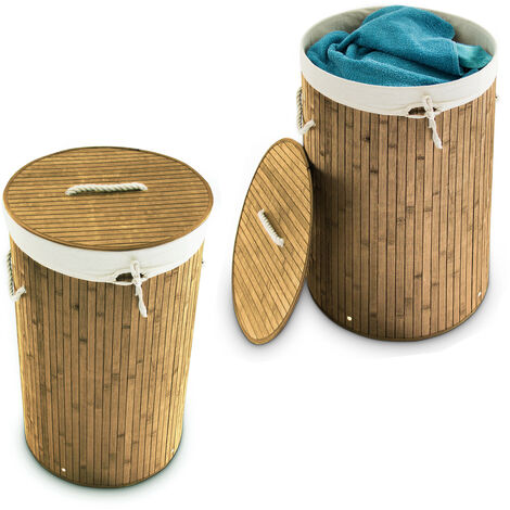 2x Cesto Porta-Biancheria, Rotondo, Pieghevole, 70L Volume, Ø 41 cm,  Cotone, Marrone Naturale