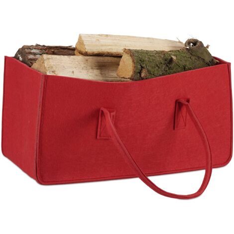 Relaxdays Borsa portalegna per camino in feltro cesto portatile portariviste pieghevole HxLxP: 25 x 25 x 50 cm rosso