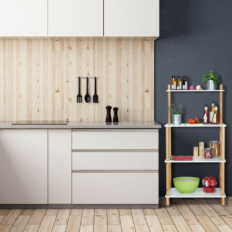 Relaxdays Scaffale da Cucina, 4 Ripiani, Bambù e MDF, HLP 120x60x40 cm,  Mobile Autoportante Ingresso, Bianco