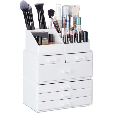 2x Contenitore per Cosmetici a 6 Cassetti, 22 Scomparti, Make Up Organizer, Porta-Trucchi, Acrilico, Bianco