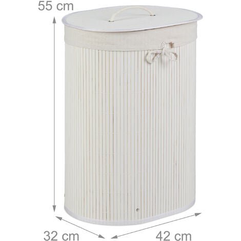 3x Cesto Portabiancheria in Bambù, Ovale, 46 l, Pieghevole, Cesta con  Coperchio, Bagno 55x42x32 cm, Bianco