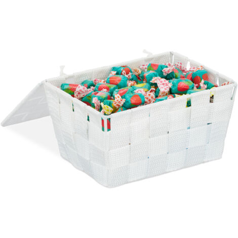 3x Cestino con Coperchio, Portaoggetti da Bagno, PP Intrecciato, HLP 10,5x19,5x14,5 cm, Bianco