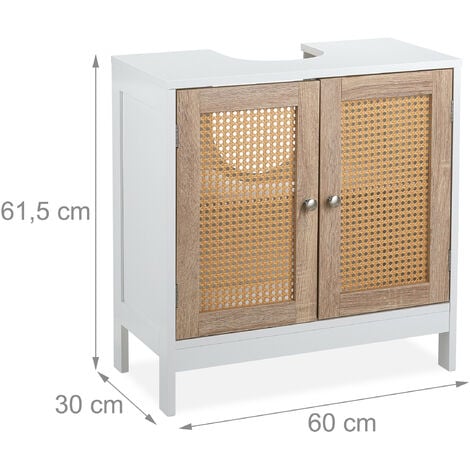 Relaxdays Mobiletto Sottolavabo a 2 Scomparti, Armadietto Lavandino, Ante  in Rattan, Spazio per Sifone, Bianco Naturale