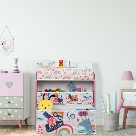 Libreria Bambini Con 6 Box Portagiochi Relaxdays - Motivo Supereroina, 66x63x30 Cm, Multicolore - Foto 2