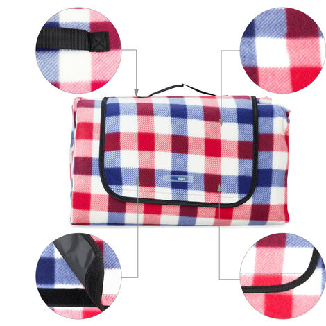 Relaxdays Coperta da Picnic XXL, Telo 200x200 cm, Plaid Impermeabile,  Isolante, Spiaggia, Manico, a Quadri, Rosso/bianco