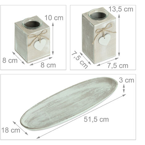 Relaxdays Portacandele, con Vassoio e Vasetti, Centrotavola, L: 51,5 cm, 3  Candeline, Shabby Chic, Cuori, Bianco Beige