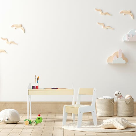 Set Tavolino E Sedia Relaxdays Per Bambini - Mobili In MDF Beige E Bianco, Per Cameretta, Gioco E Disegno