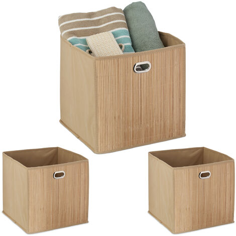 3x Contenitore Portaoggetti in Bambù, Scatola Alta da Bagno, Quadrata, HLP 31 x 31 x 31 cm, Pieghevole, Naturale