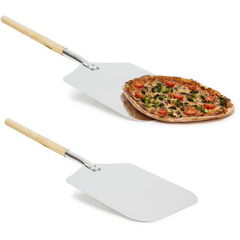 2x Pala per Pizza Quadrata, Arrotondata, HxLxP: 3x30,5x79 cm, Manico in Legno, Paletta per Pane, Forno, Grigio