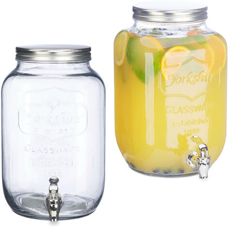 2x Dispenser per Bevande 8 l, Contenitore in Vetro, alla Spina, con Rubinetto, Design Vintage, Trasparente