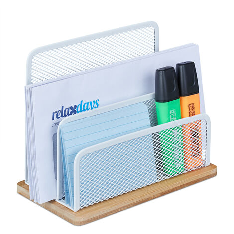Relaxdays Organizer da Scrivania, Bambù e Metallo, Portadocumenti,  Scomparti, HxLxP 15x18,5x10 cm, Naturale Bianco