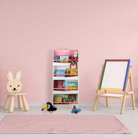 Relaxdays Libreria per Bambini, 124 x 50,5 x 15 cm, Scaffale a 4 Scomparti  Porta Libri Cameretta Bimbi, MDF, Bianco Rosa