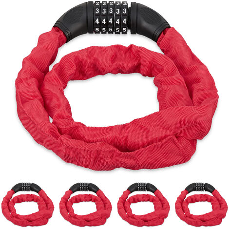 5x Lucchetto a Combinazione per Bicicletta, Catenaccio Sicurezza con Codice a 5 Cifre, in Acciaio, 120 cm, Rosso