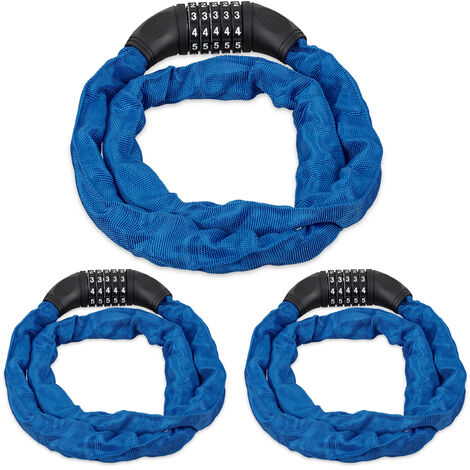 3x Lucchetto a Combinazione per Bicicletta, Catenaccio Sicurezza con Codice a 5 Cifre, in Acciaio, 120 cm, Blu