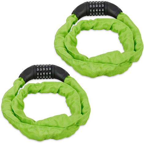 2x Lucchetto a Combinazione per Bicicletta, Catenaccio Sicurezza con Codice a 5 Cifre, in Acciaio, 120 cm, Verde