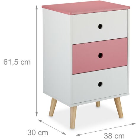 Relaxdays Comodino per la Cameretta dei Bambini, Scaffale a 3 Cassetti, HLP  61,5x38x30 cm, MDF, Legno Pino, Bianco Rosa