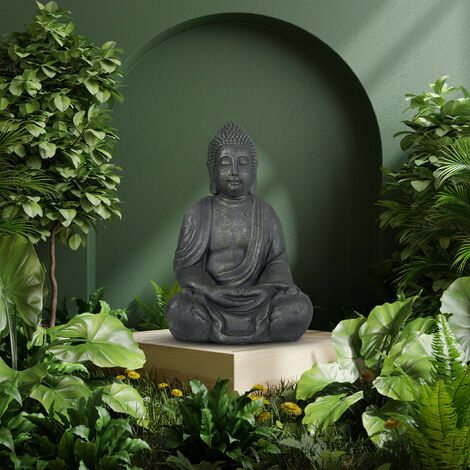 Relaxdays Statua del Buddha Seduto, Figura da Giardino Alta 70 cm, Resistente alle Intemperie e Gelo, Poliresina, Grigio