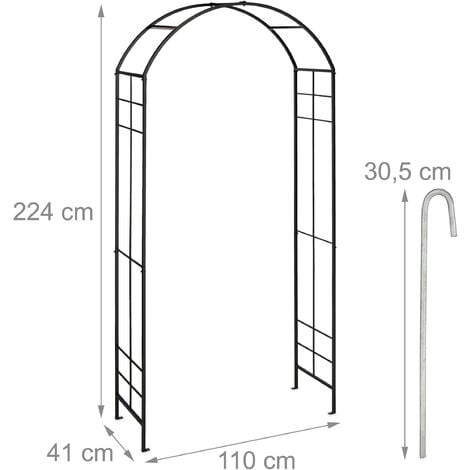 Relaxdays Arco per Rose Rampicanti da Giardino, Sostegno per Piante, HLP:  224 x 110 x 41 cm, Supporto in Ferro, Nero