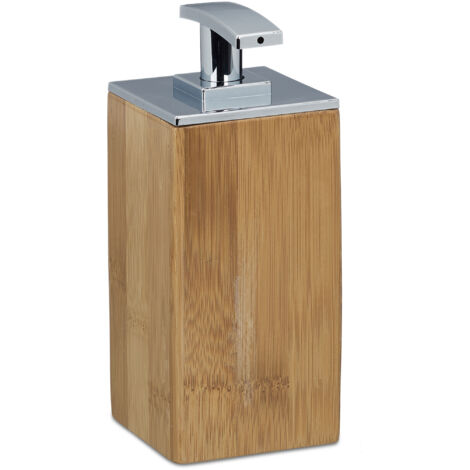 2x Portasapone Liquido Bambù, Ricaricabile, HxLxP: 17 x 7 x 7 cm, Dosatore Lozioni e Creme, 225 ml, Legno, Naturale