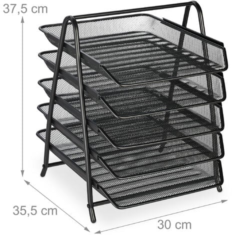 Relaxdays Organizer Portadocumenti con 5 Vaschette, Portalettere A4, HLP:  37,5 x 30 x 35,5 cm, Rete in Acciaio, Nero