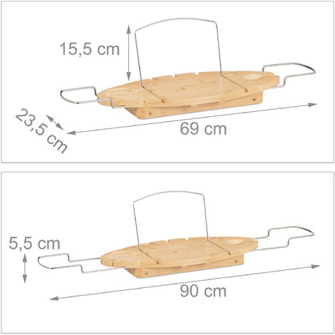 Relaxdays Vassoio per Vasca da Bagno, in Bambù, Regolabile 69 - 90 cm, con Leggio  e Gambe Pieghevoli, Mensola, Naturale