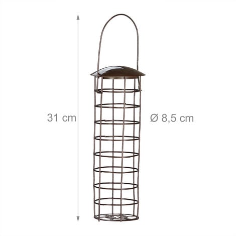 Relaxdays Mangiatoia per Uccelli Selvatici, da Appendere, Dispenser per  Mangime, Coperchio, H x D 31 x 8,5 cm, Marrone