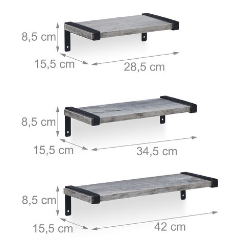 Relaxdays Mensole da Muro in Stile Industriale, Set 3 Ripiani da Parete,  Varie Misure, Scaffale MDF e Ferro, Grigio Nero, 70% Fibra di Legno 20% 10%