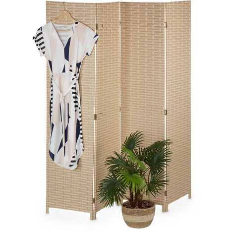 Relaxdays Paravento a 4 Pannelli, HxL 170x160cm, Separé Pieghevole per Stanze, Legno e Plastica, Interni, Marrone Chiaro